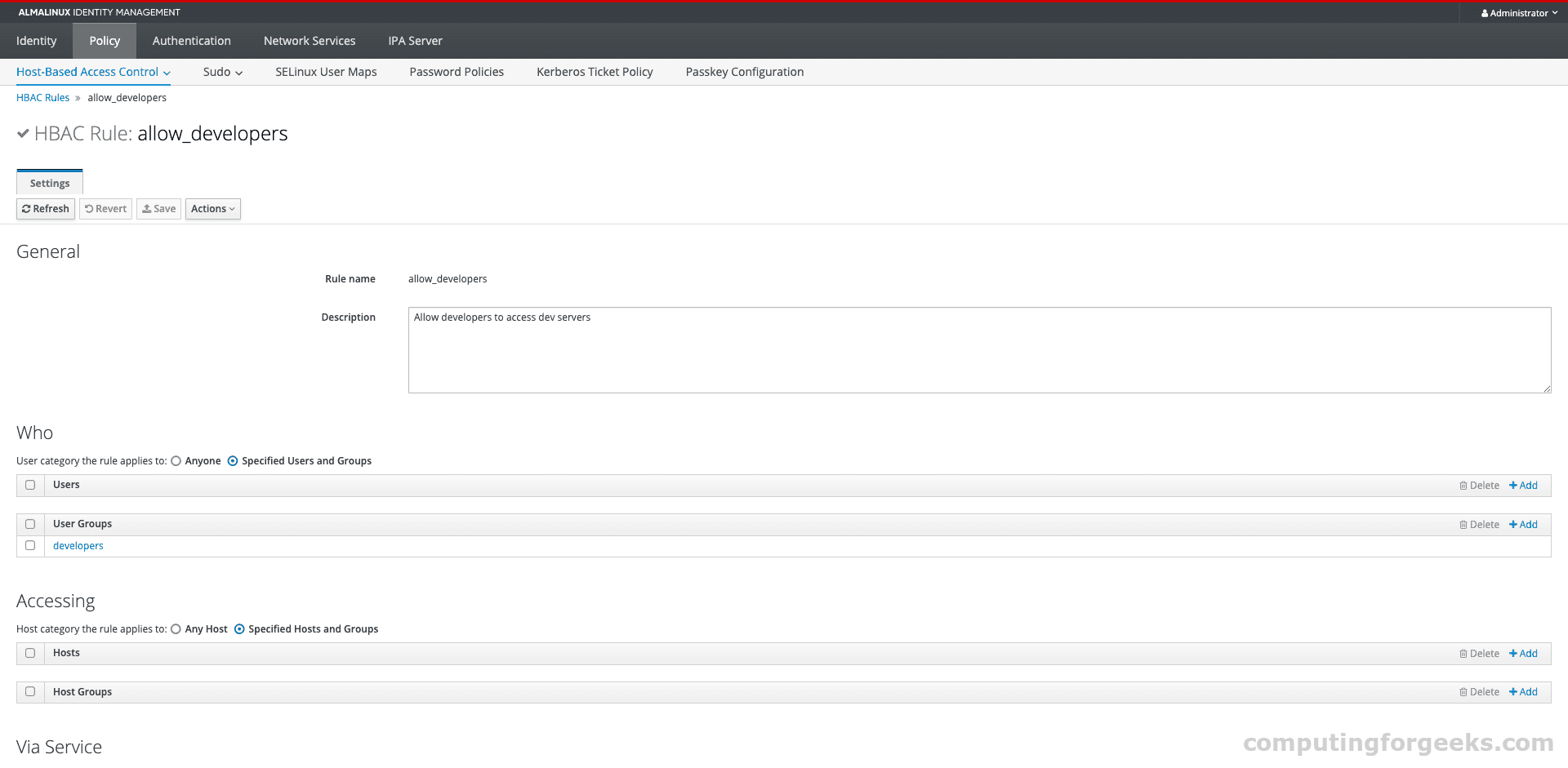 FreeIPA HBAC Rule Details page