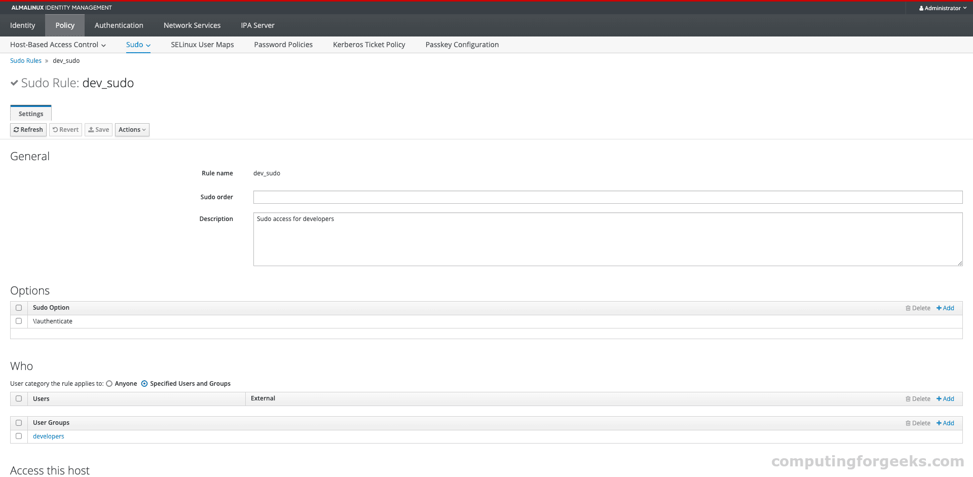 FreeIPA Sudo Rule Details page