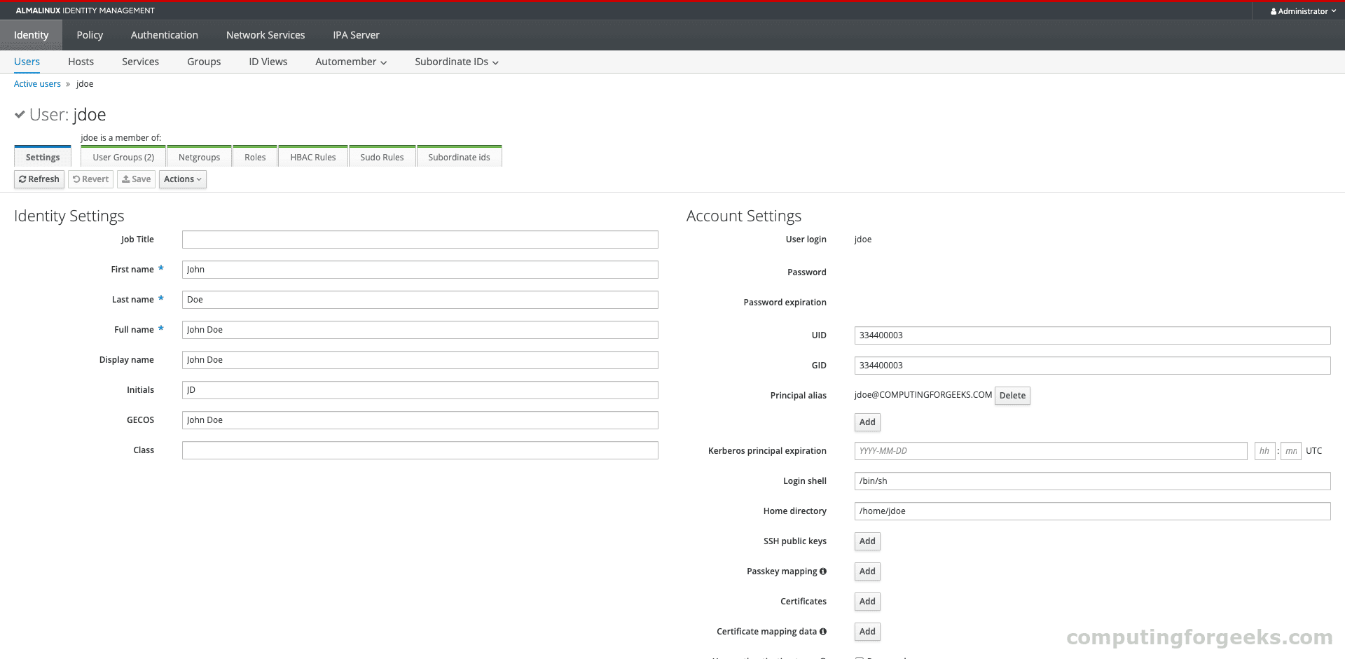 FreeIPA User Details page