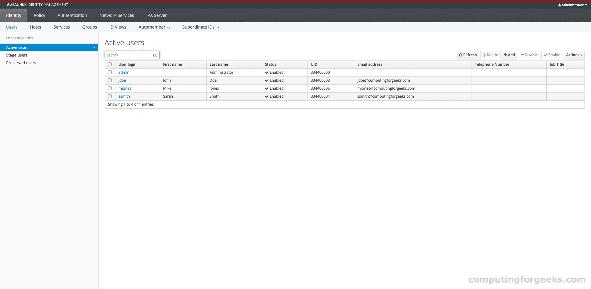 FreeIPA Users List showing created users