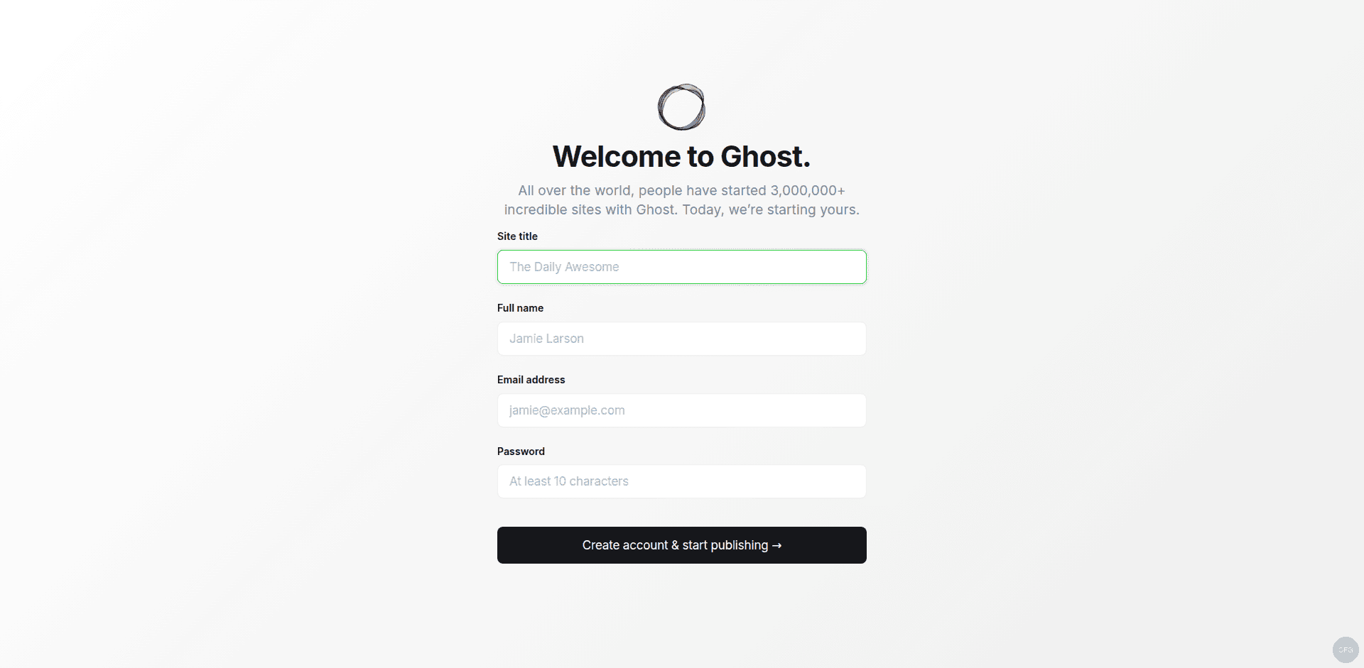 Ghost CMS Welcome to Ghost admin setup wizard with site name and account fields