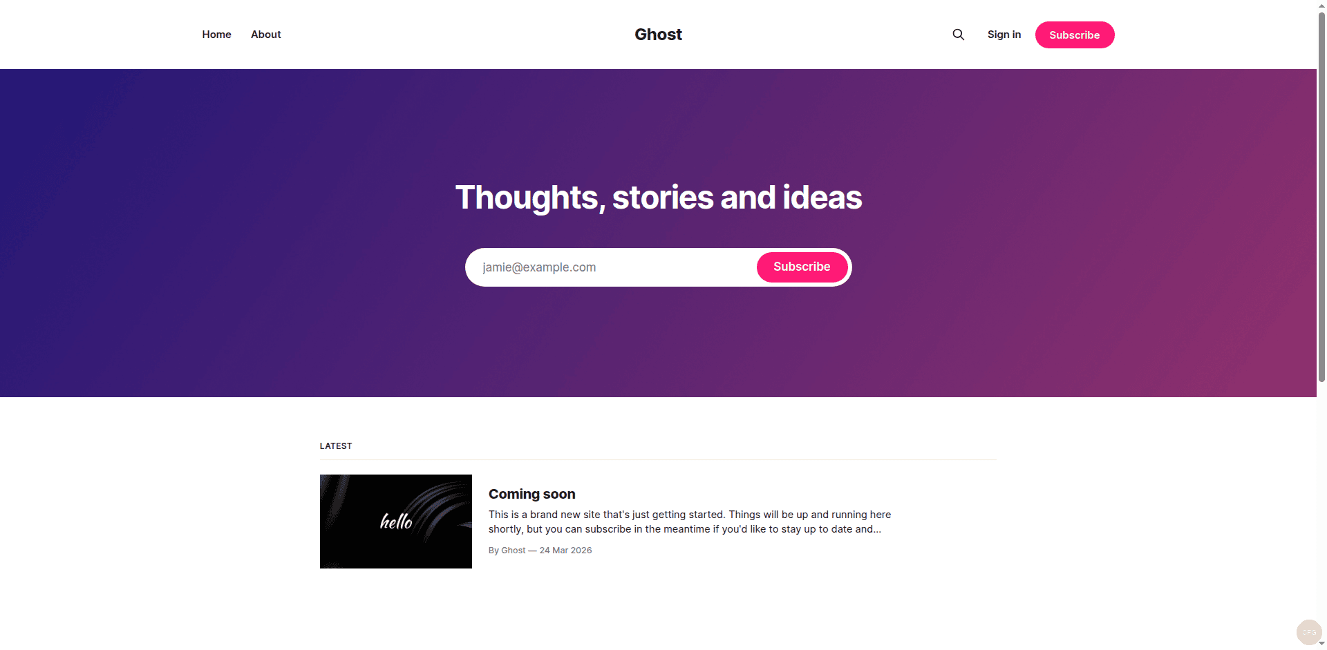 Ghost CMS default homepage showing Thoughts stories and ideas theme on Ubuntu 24.04