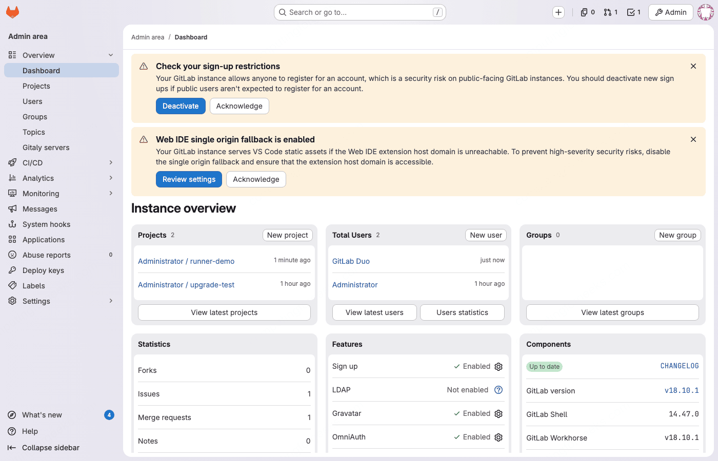 GitLab 18 admin overview showing version 18.10.1 after upgrade