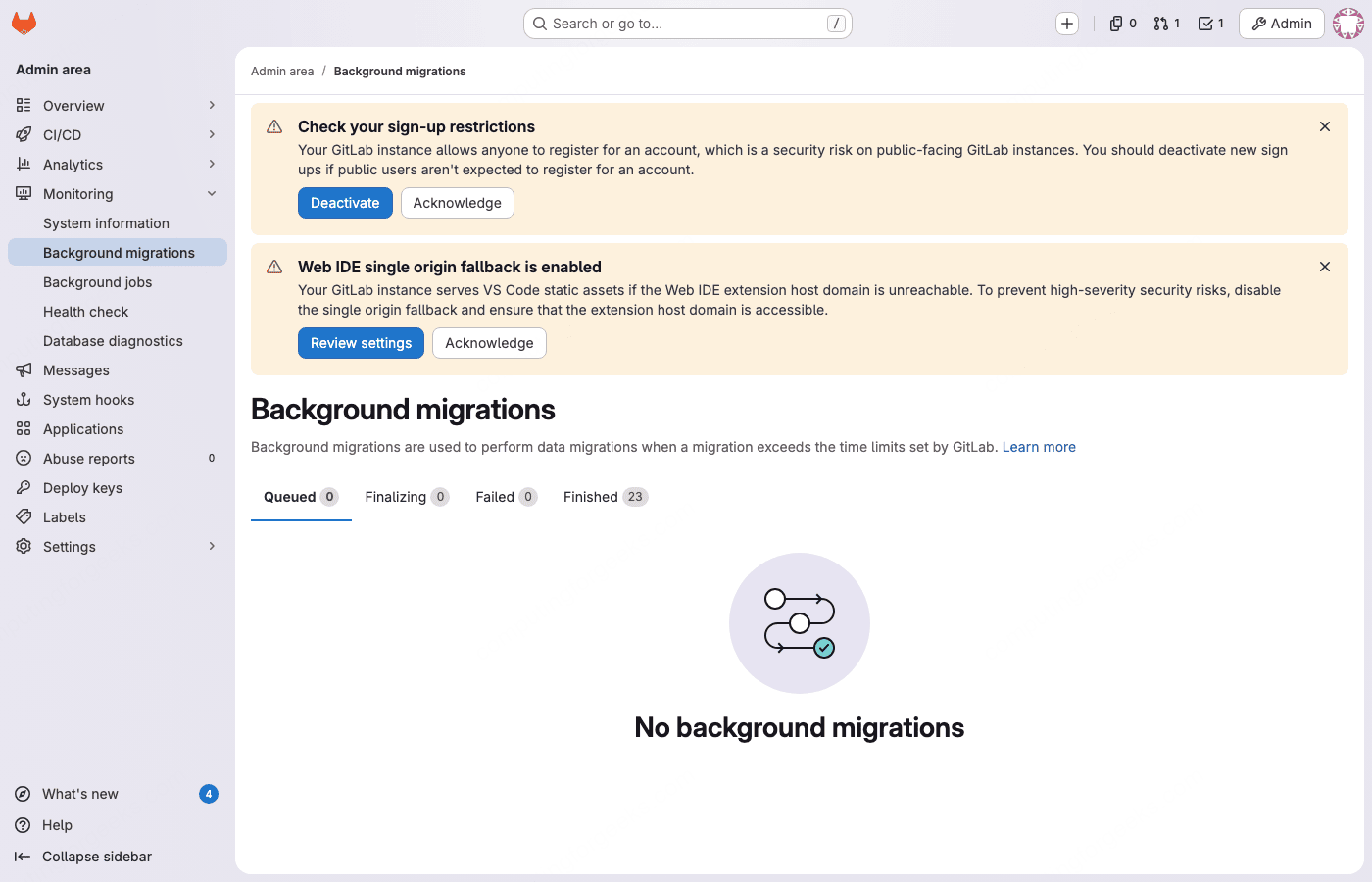 GitLab background migrations page showing no pending migrations