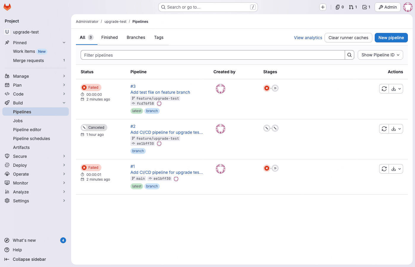 GitLab CI/CD pipelines page showing preserved pipeline history