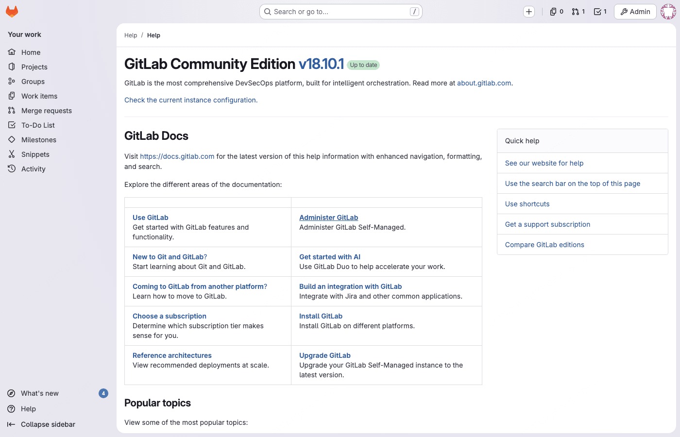 GitLab help page showing Community Edition v18.10.1