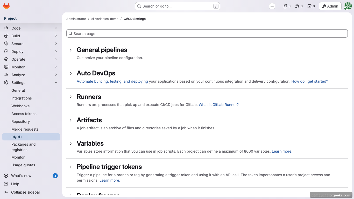 GitLab CI/CD Variables Settings page