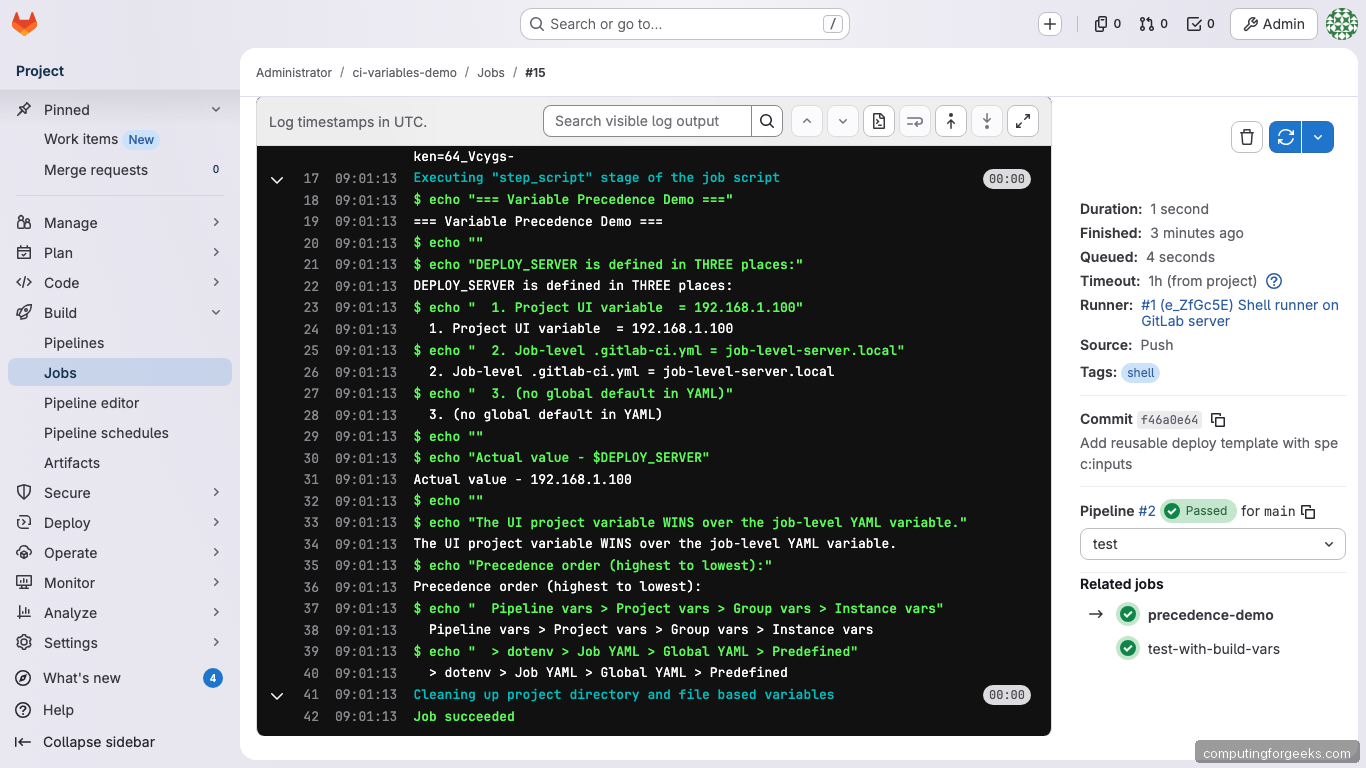 GitLab job demonstrating variable precedence