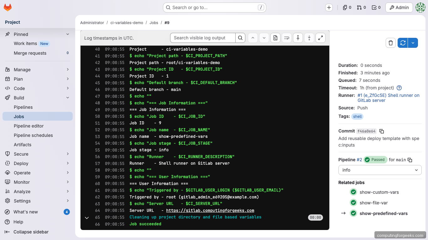 GitLab job output showing predefined CI/CD variables