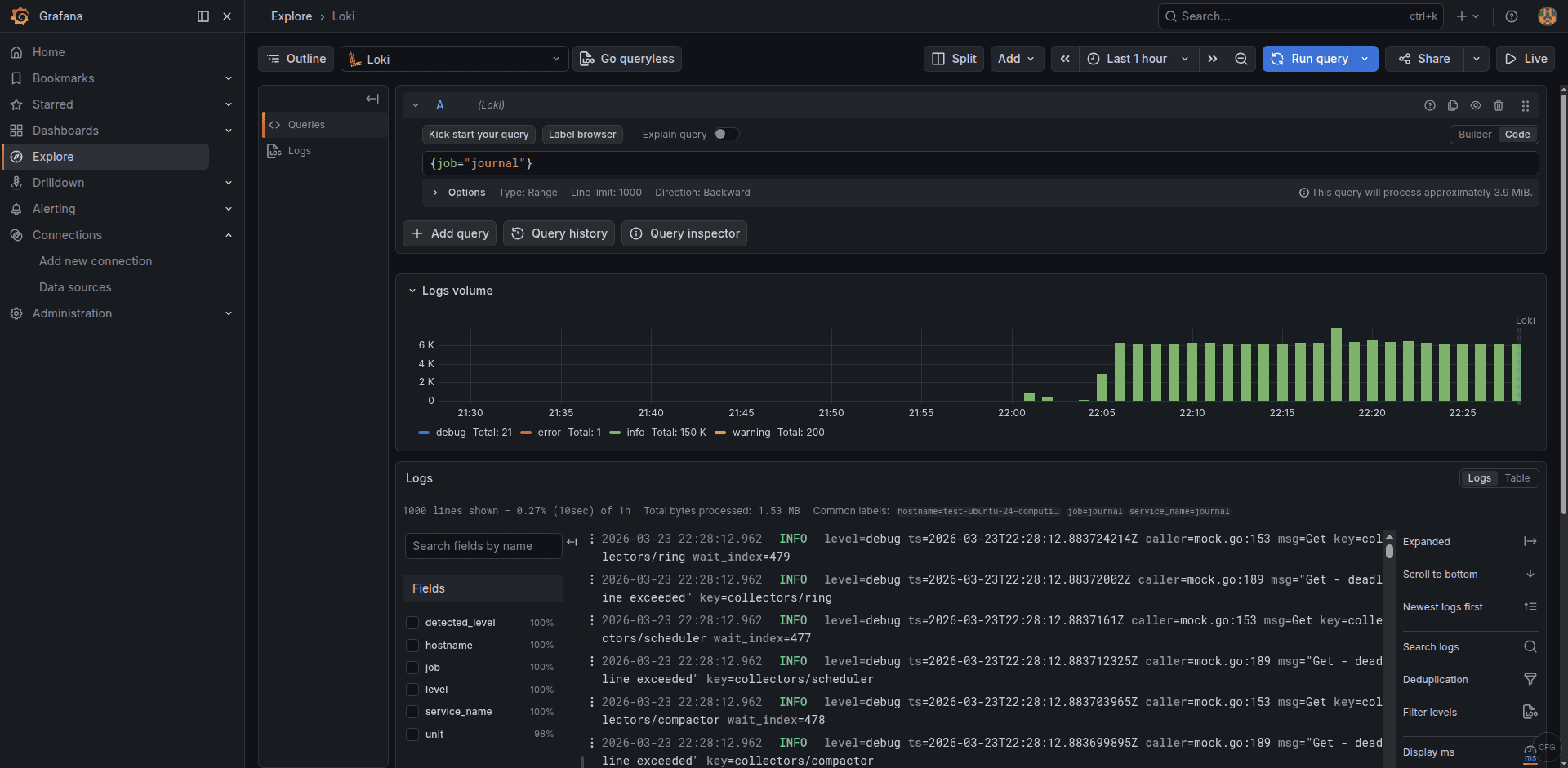 Grafana Explore view showing Loki log entries collected by Alloy from systemd journal