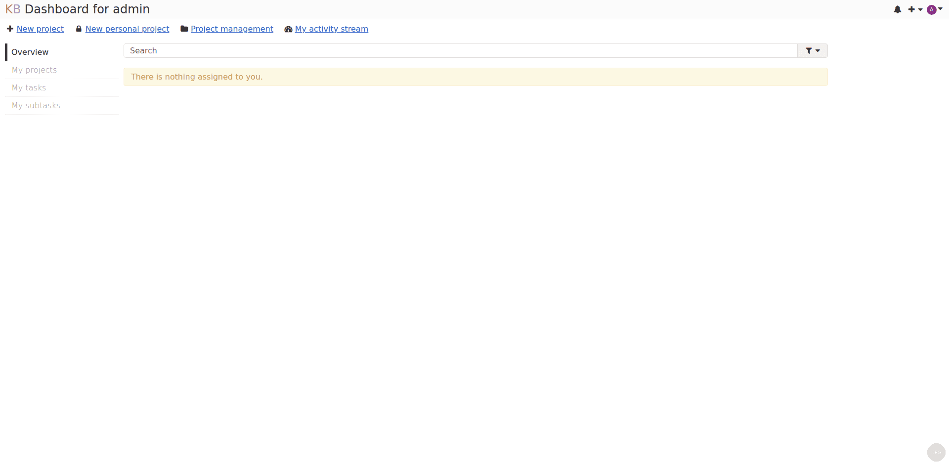 Kanboard project management dashboard showing project overview on Rocky Linux 10