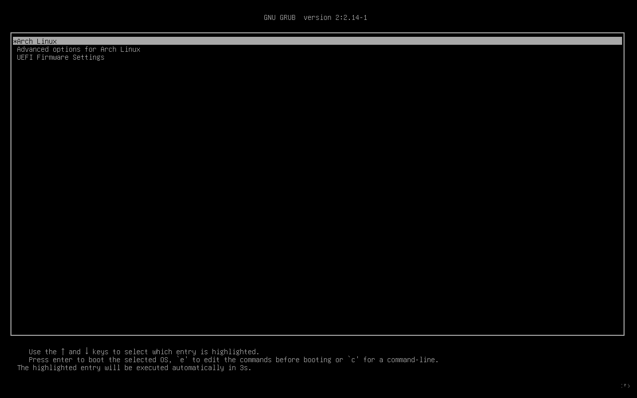 GRUB boot menu showing Arch Linux entries after LUKS unlock on UEFI system