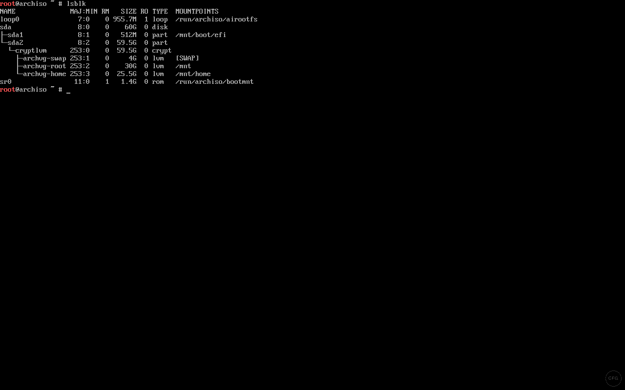 Terminal showing lsblk output with LUKS and LVM layout on Arch Linux