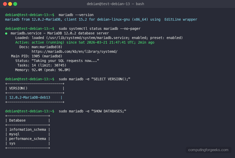 MariaDB 12.0 terminal output showing version 12.0.2-MariaDB-deb13 and active service status on Debian 13
