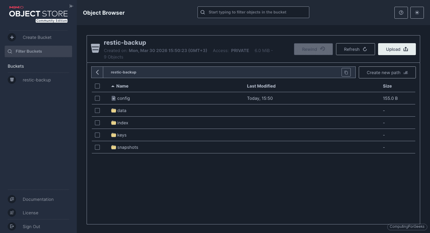 MinIO Object Browser showing restic repository structure with config, data, index, keys, and snapshots directories