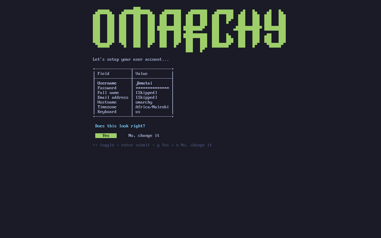 How to Install Omarchy OS - Arch-Based Hyprland Desktop 2 Omarchy installer account setup summary