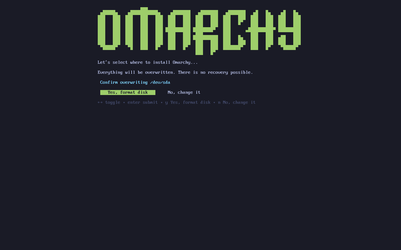How to Install Omarchy OS - Arch-Based Hyprland Desktop 4 Omarchy installer disk format confirmation