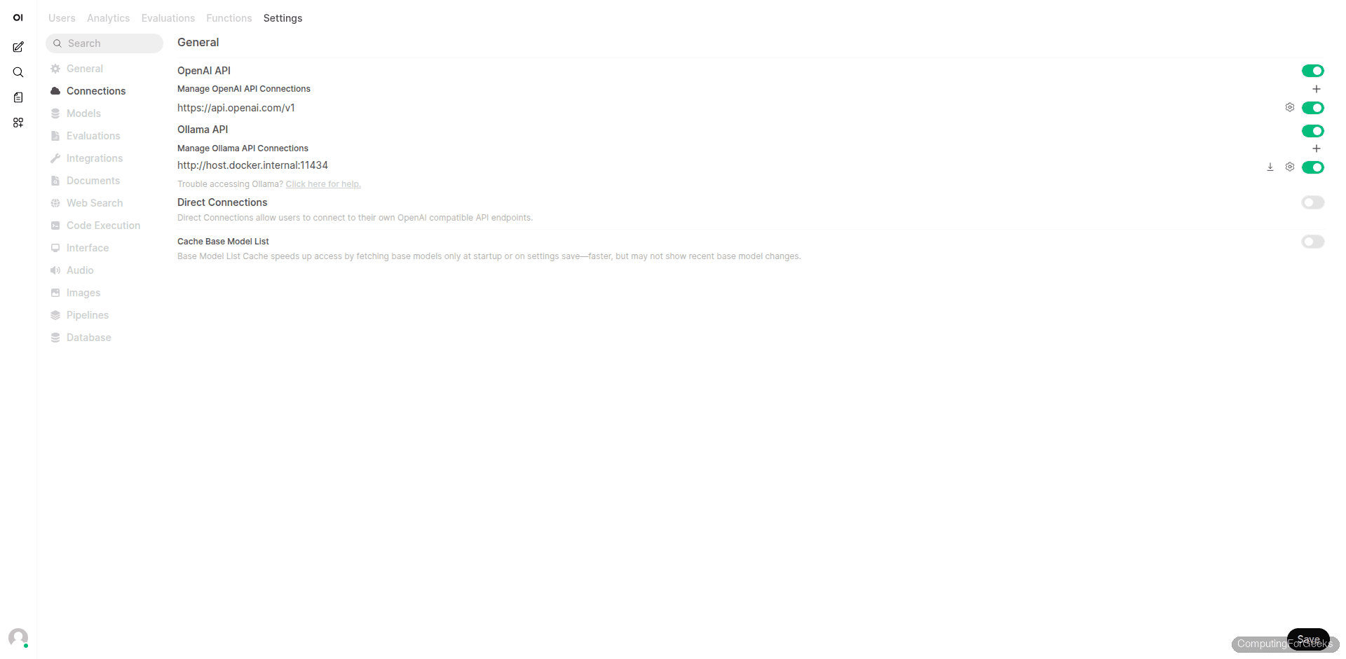 Open WebUI connections page showing Ollama API and OpenAI API configuration