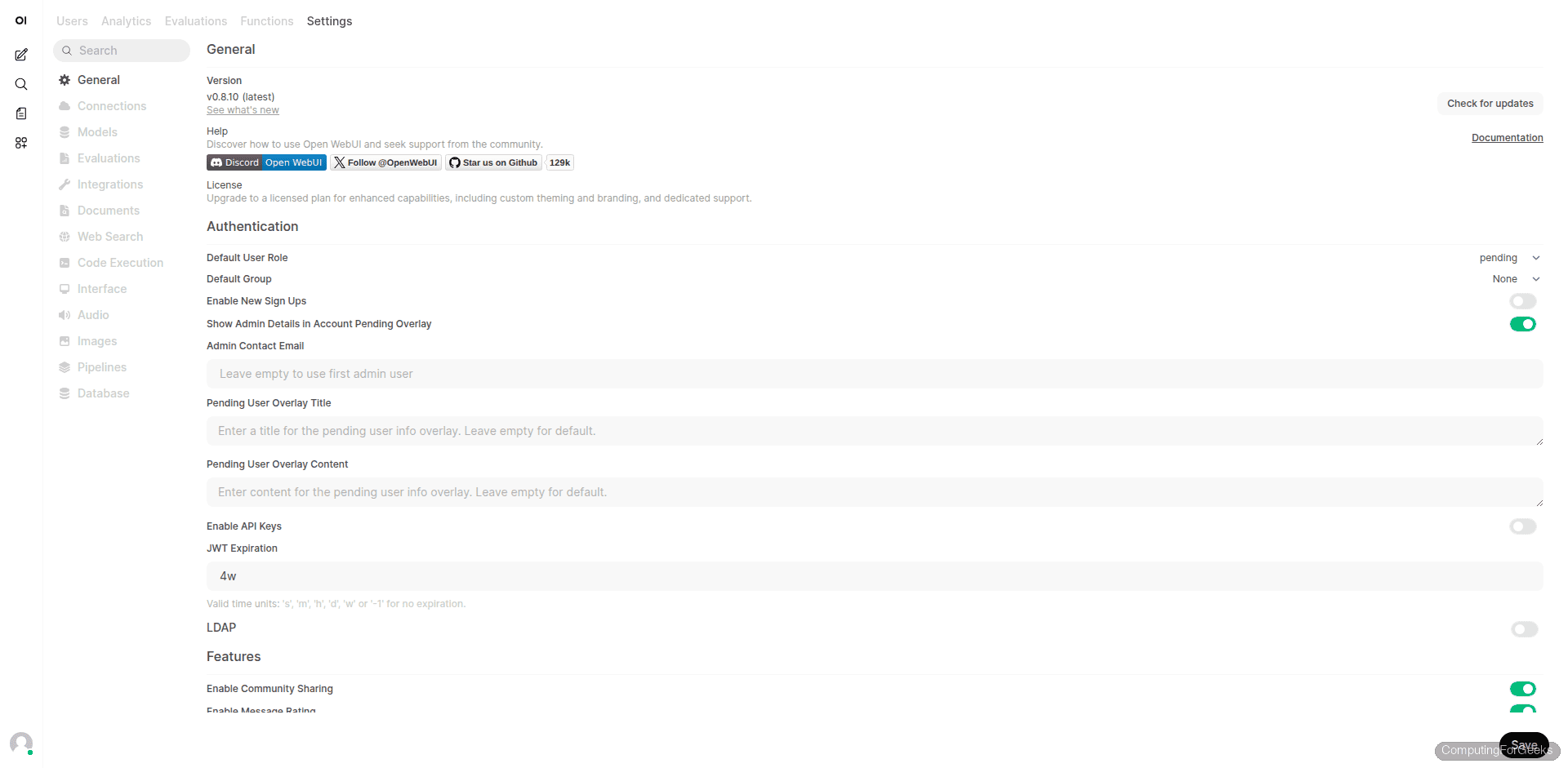 Open WebUI admin settings showing general configuration and authentication options