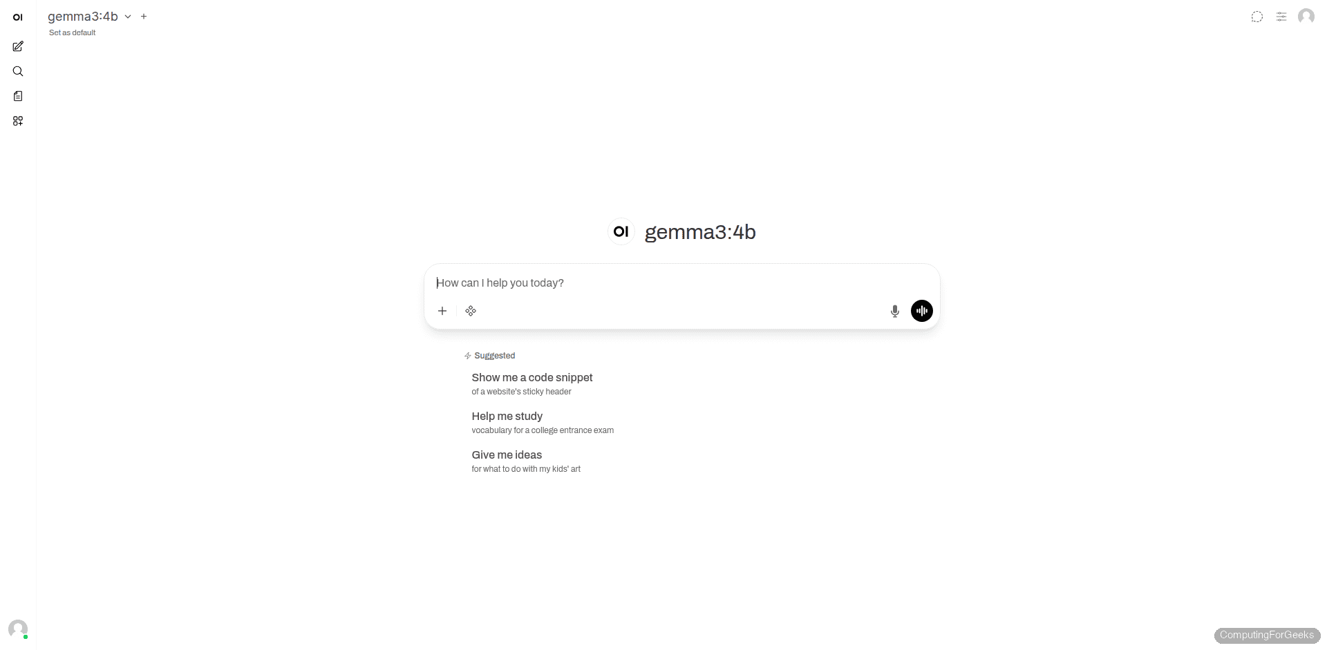 Open WebUI main chat interface with Gemma 3 4B model selected
