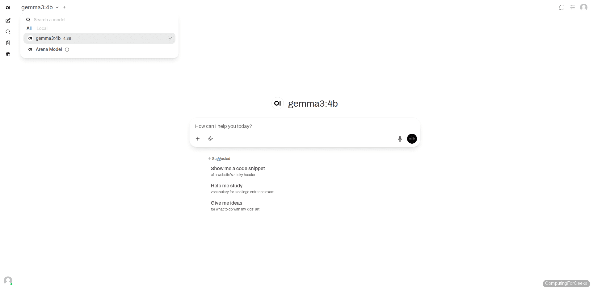 Open WebUI model selection dropdown showing Gemma 3 4B with 4.3B parameters