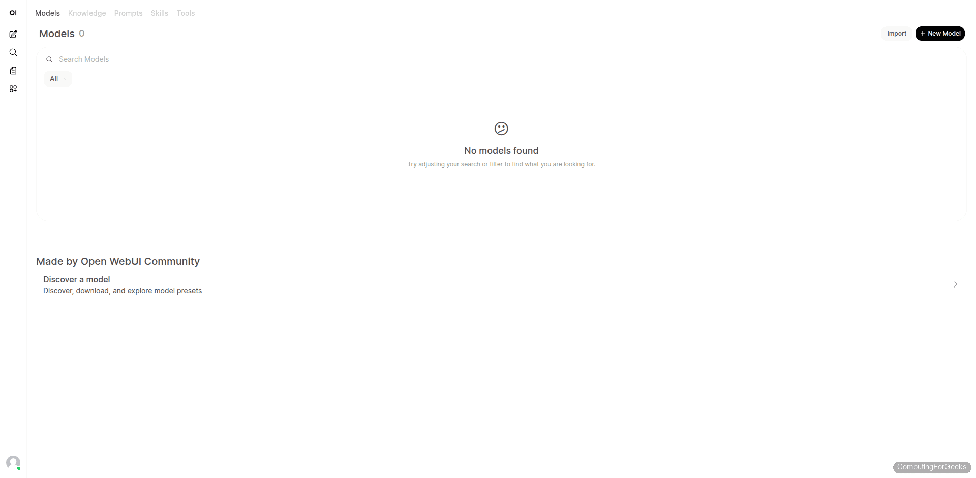Open WebUI workspace showing models, knowledge, prompts, skills, and tools sections