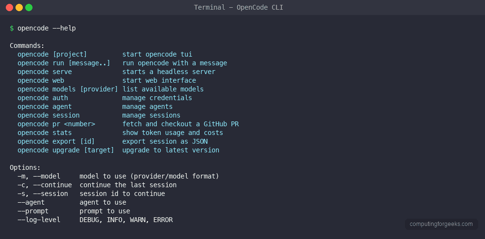 OpenCode help output showing available commands including run serve web models auth and agent
