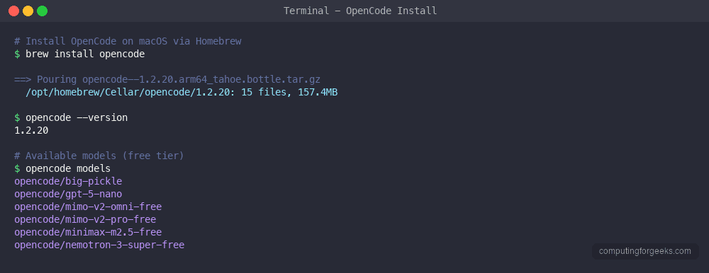 OpenCode CLI installation on macOS showing version 1.2.20 and available models