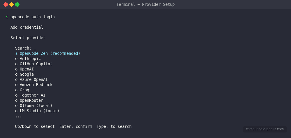 OpenCode auth login showing available AI providers including Anthropic OpenAI Google and local models