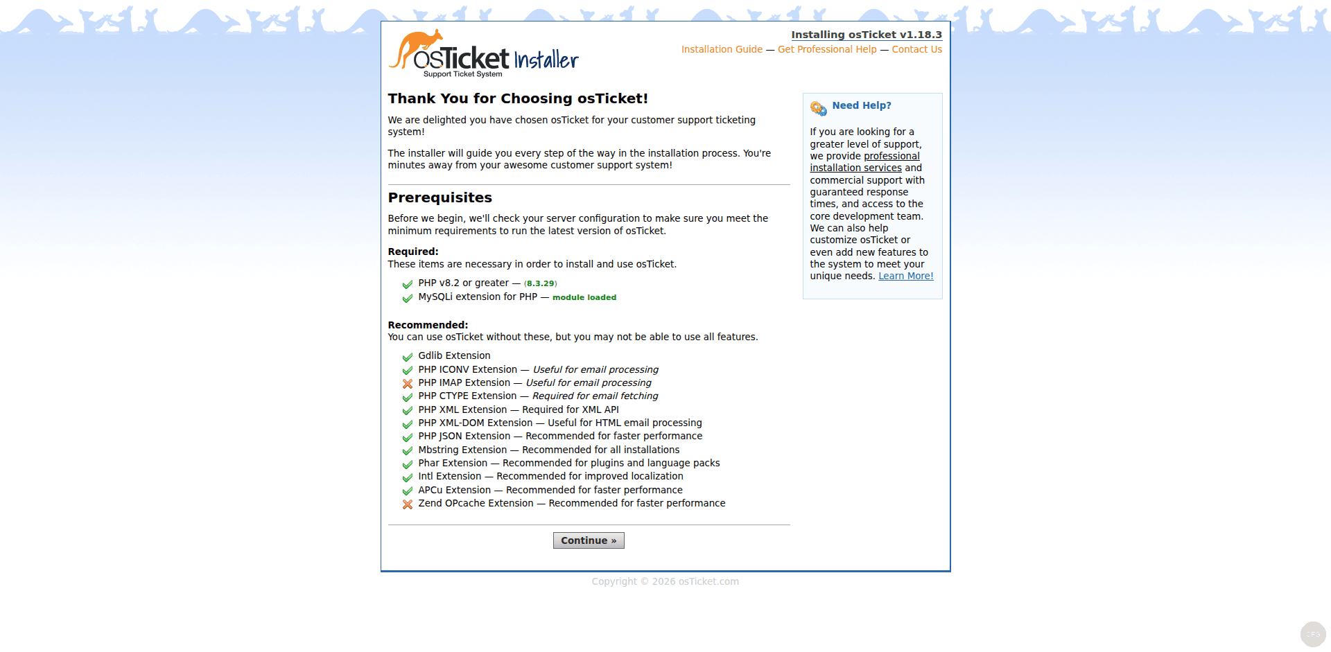 osTicket v1.18 installer showing prerequisites check with PHP extensions on Rocky Linux 10