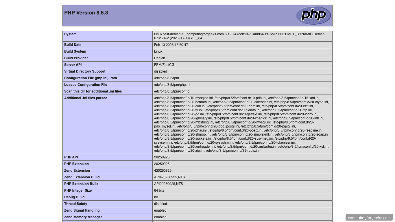 PHP 8.5 phpinfo page on Debian 13 showing version and loaded extensions