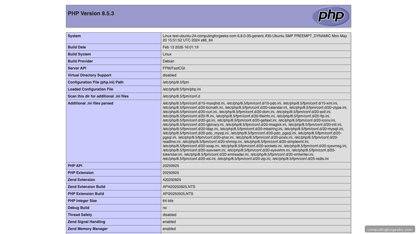 PHP 8.5 phpinfo page on Ubuntu 24.04 showing version and configuration
