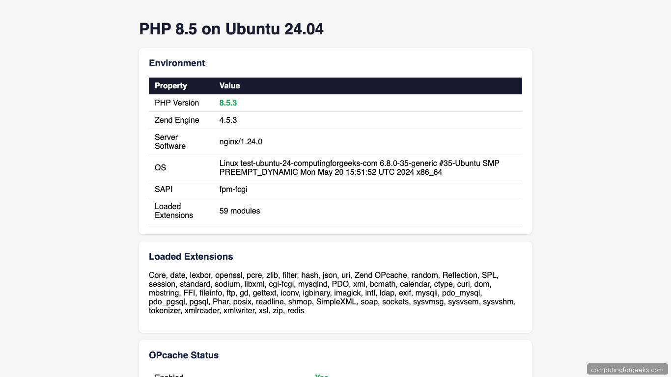 PHP 8.5 test page on Ubuntu 24.04 showing version, extensions, and OPcache status