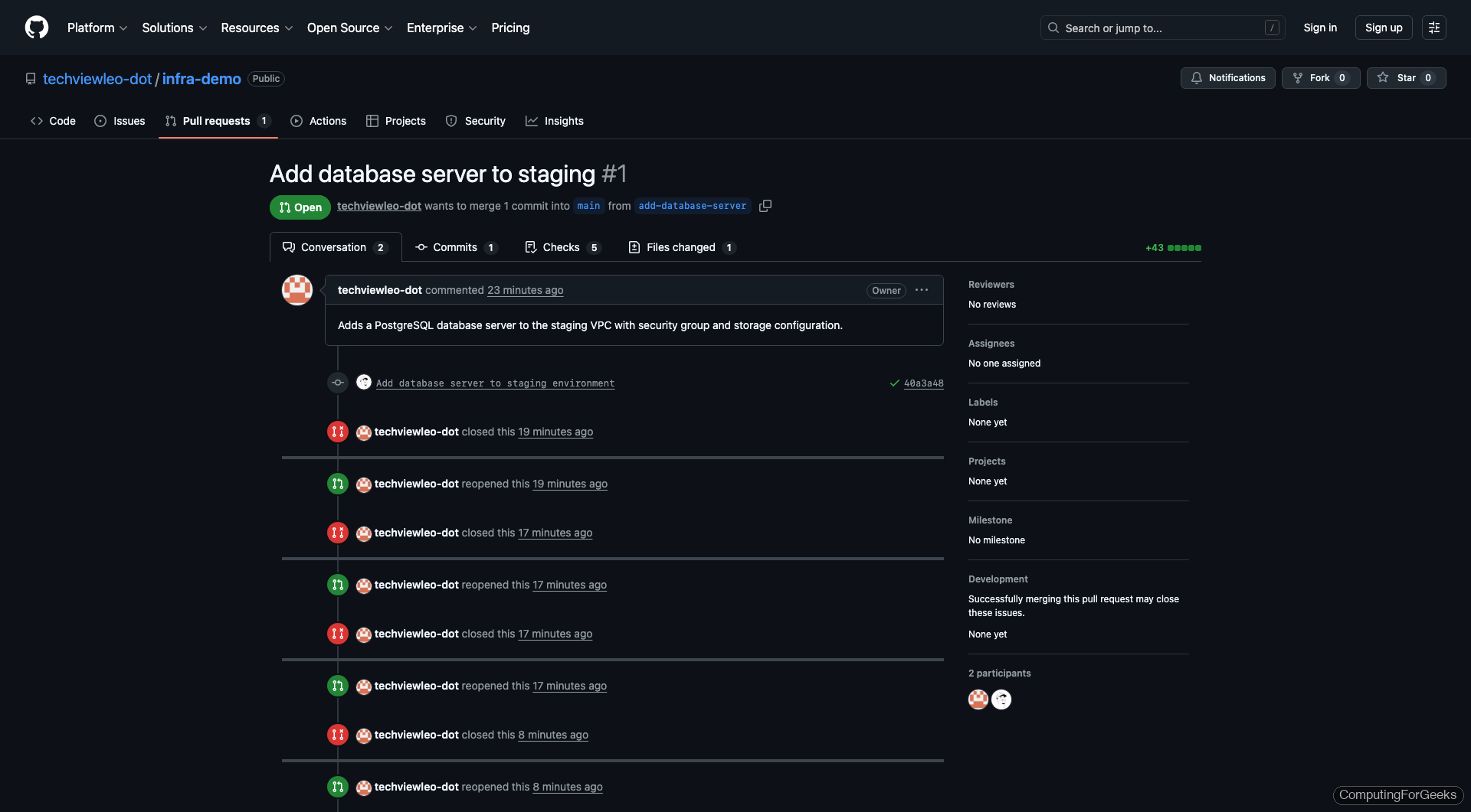 GitHub pull request showing Claude Code Review workflow check passing on Terraform infrastructure change