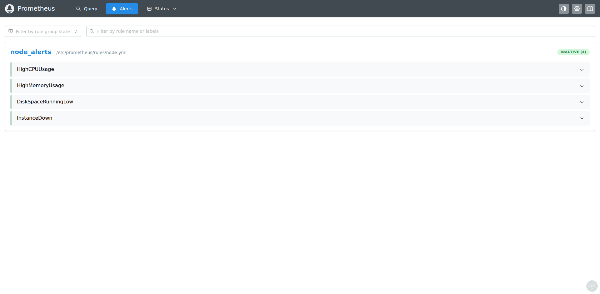 Prometheus 3 alerts page showing InstanceDown, HighCPU, HighMemory, and DiskSpace rules in inactive state