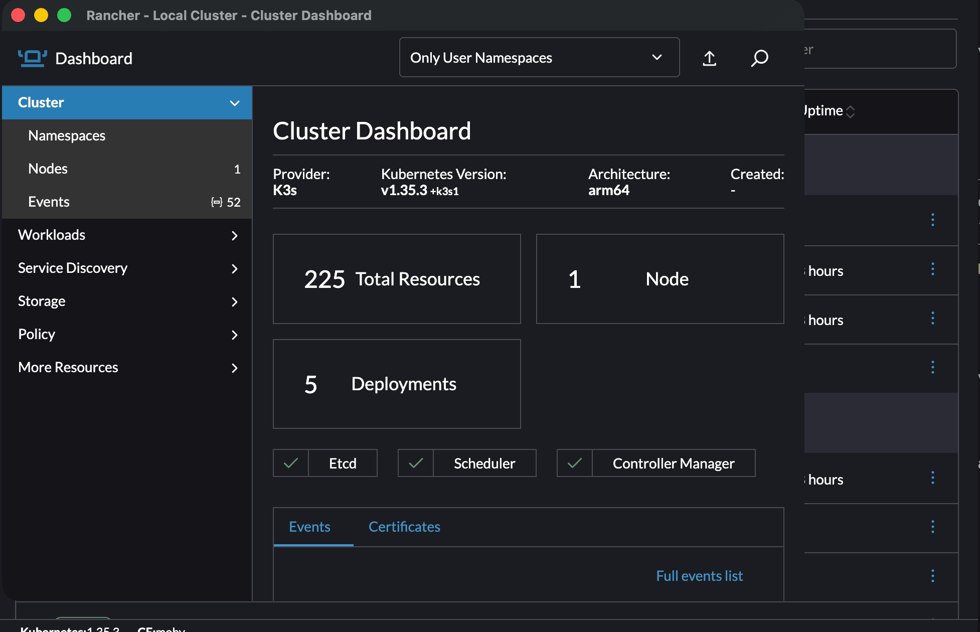 Rancher Desktop cluster dashboard showing K3s provider with 225 resources