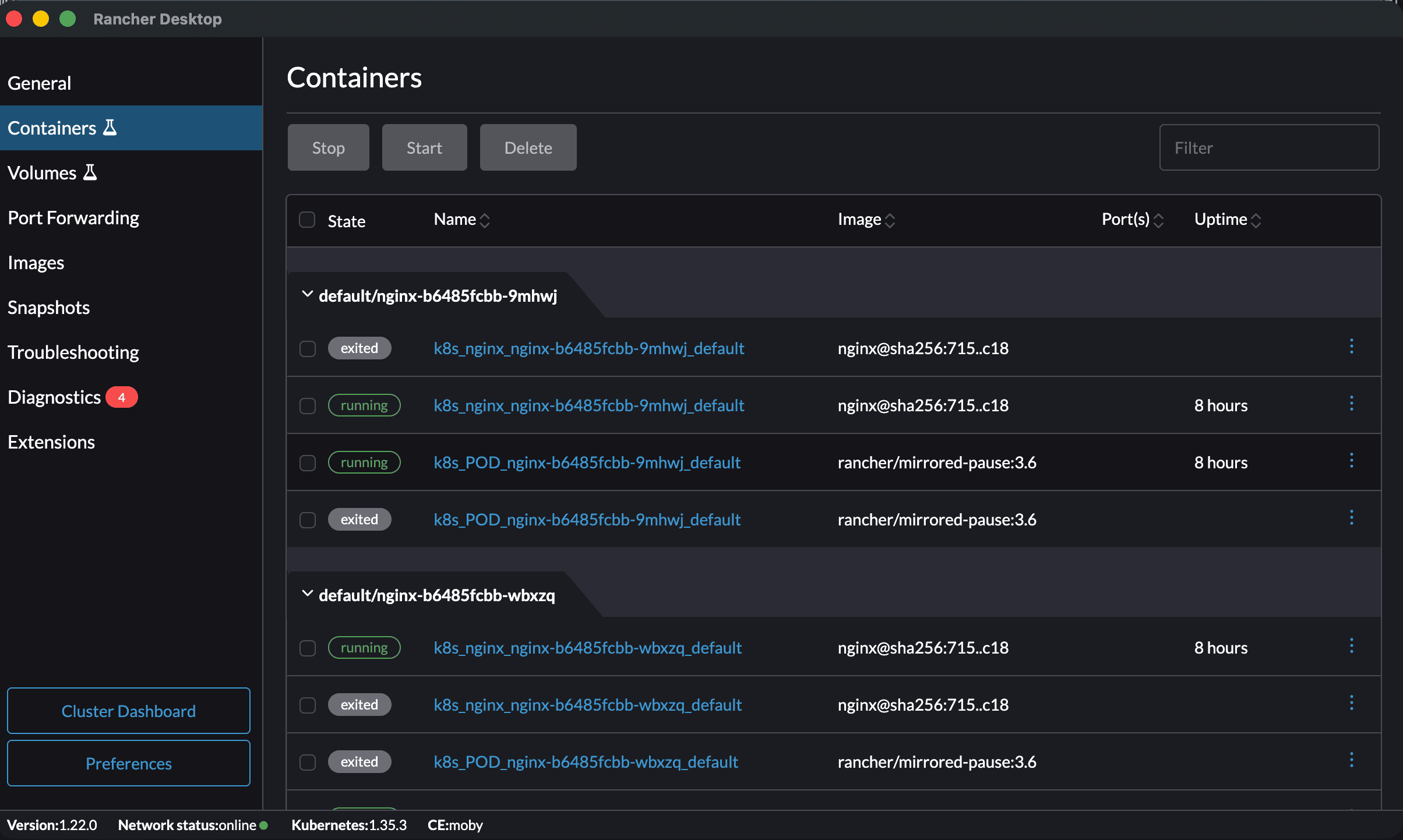 Rancher Desktop containers tab showing running nginx pods