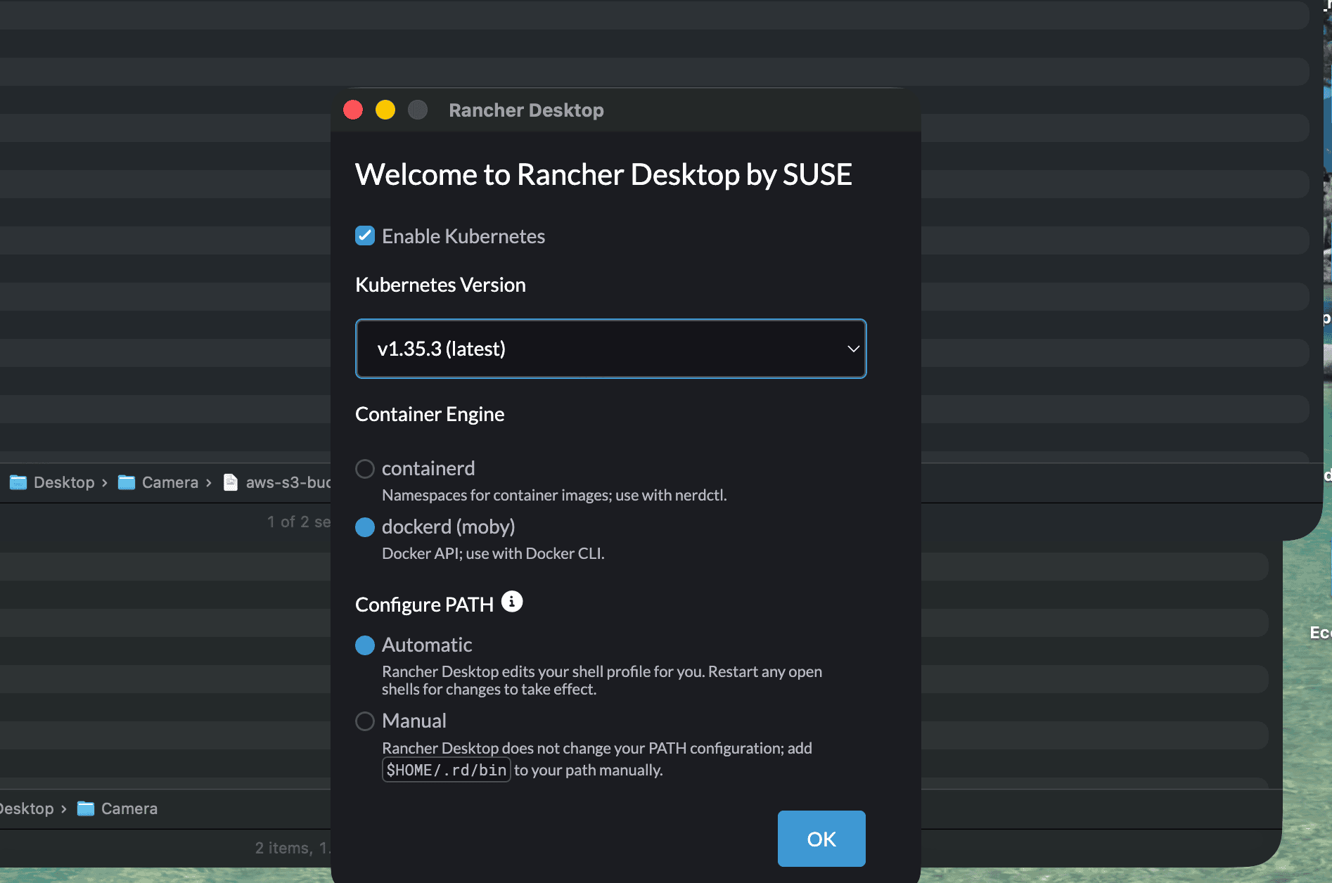 Rancher Desktop first-run dialog with Kubernetes v1.35.3 and container engine selection