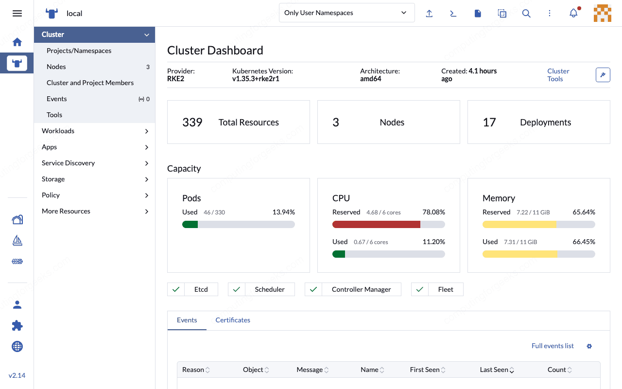 Rancher cluster explorer showing resource counts and health