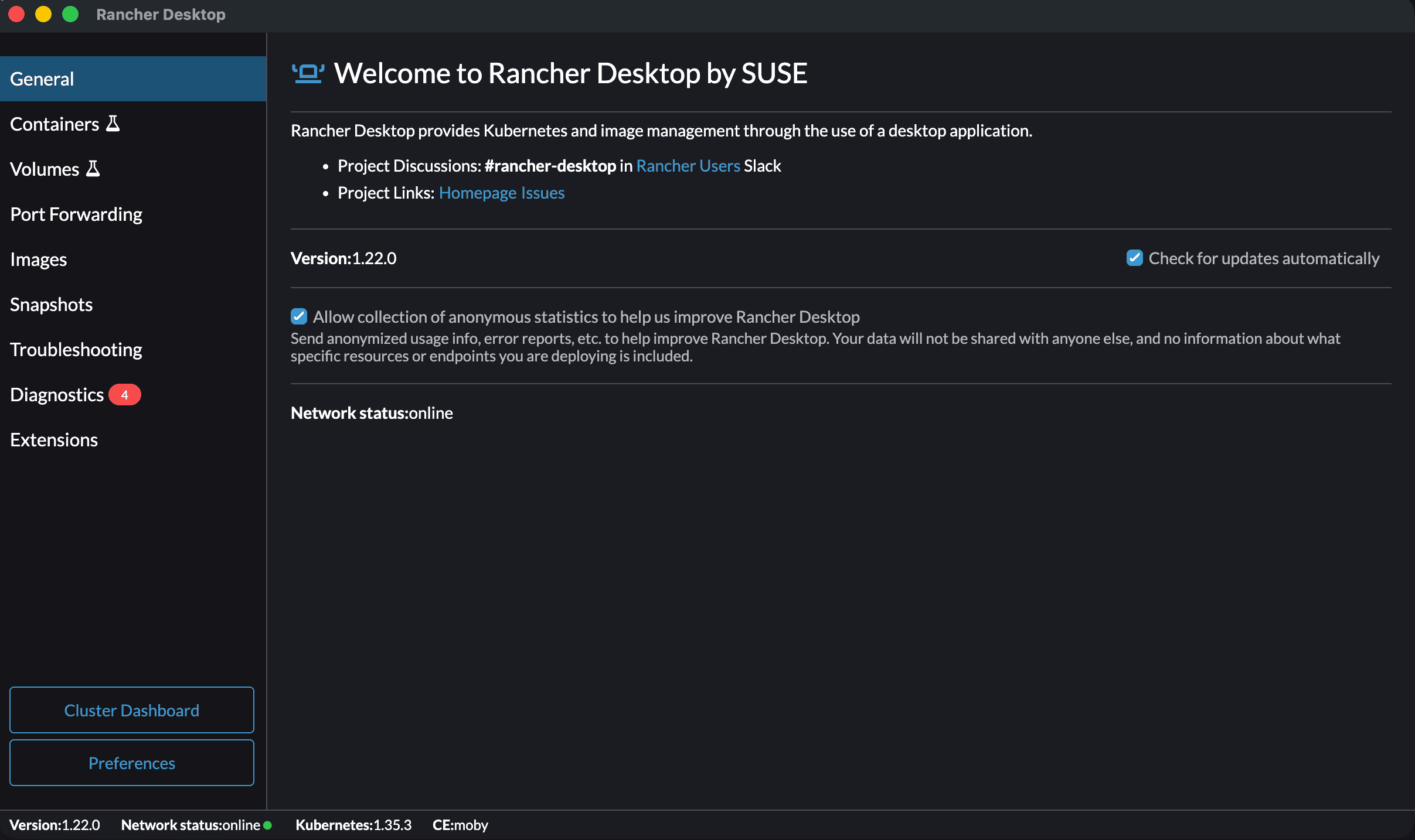 Rancher Desktop v1.22.0 general tab showing version and network status