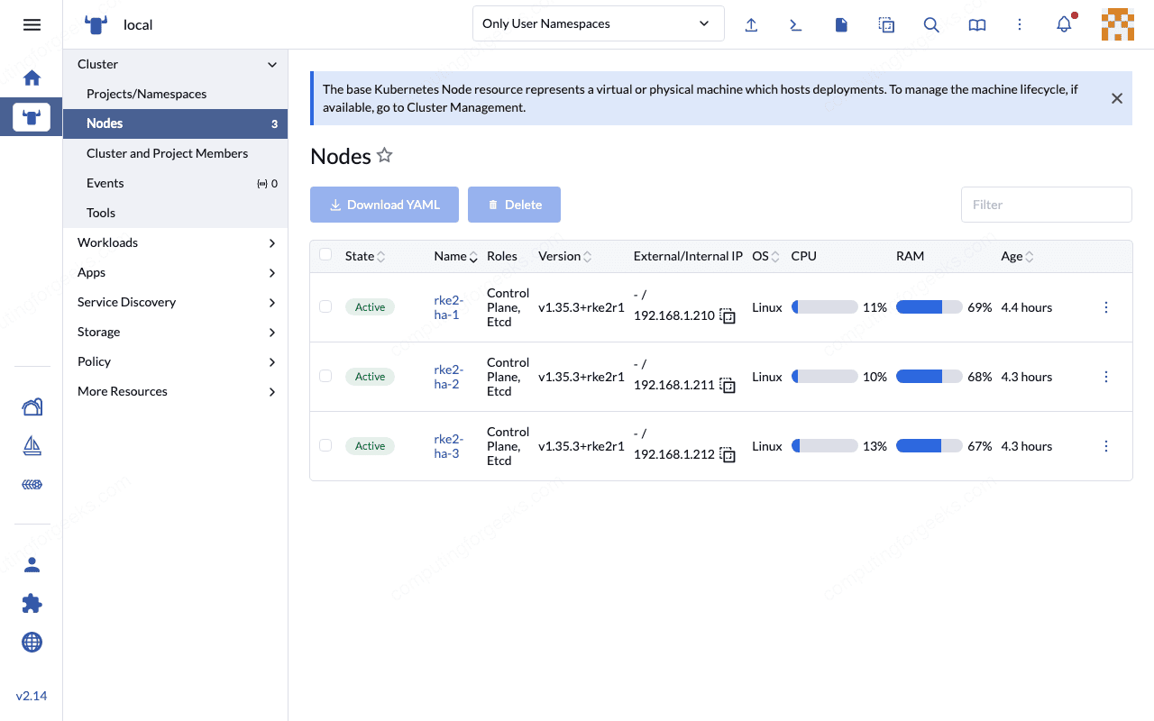 Rancher node management showing 3 RKE2 HA nodes