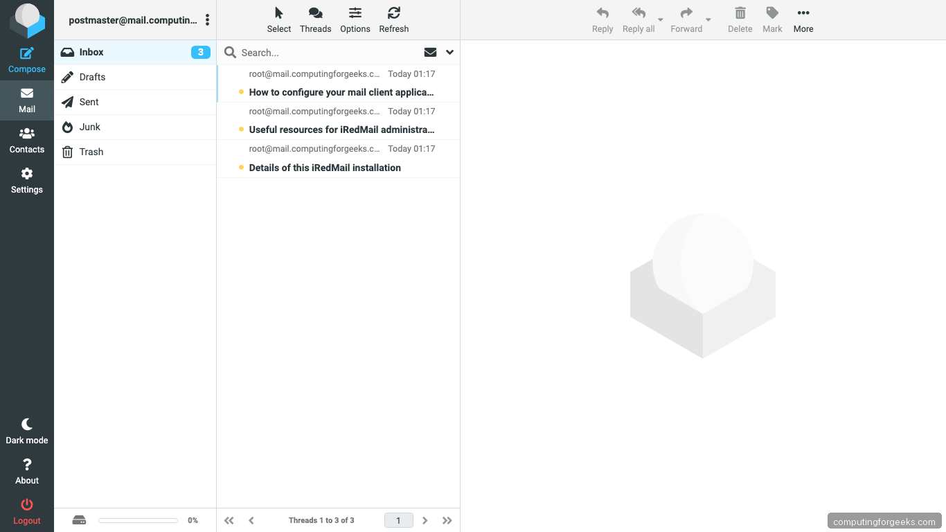 Install iRedMail Mail Server on Debian 12 2 Roundcube Webmail Inbox on Debian 12