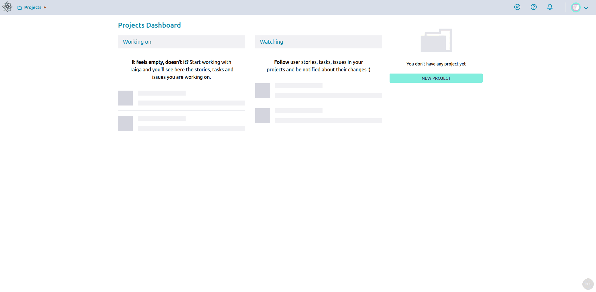 Taiga Projects Dashboard showing Working on and Watching sections with NEW PROJECT button
