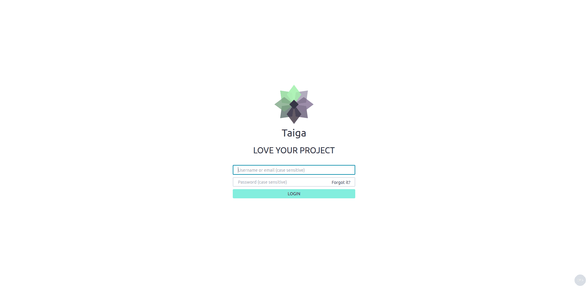 Taiga project management login page with LOVE YOUR PROJECT tagline