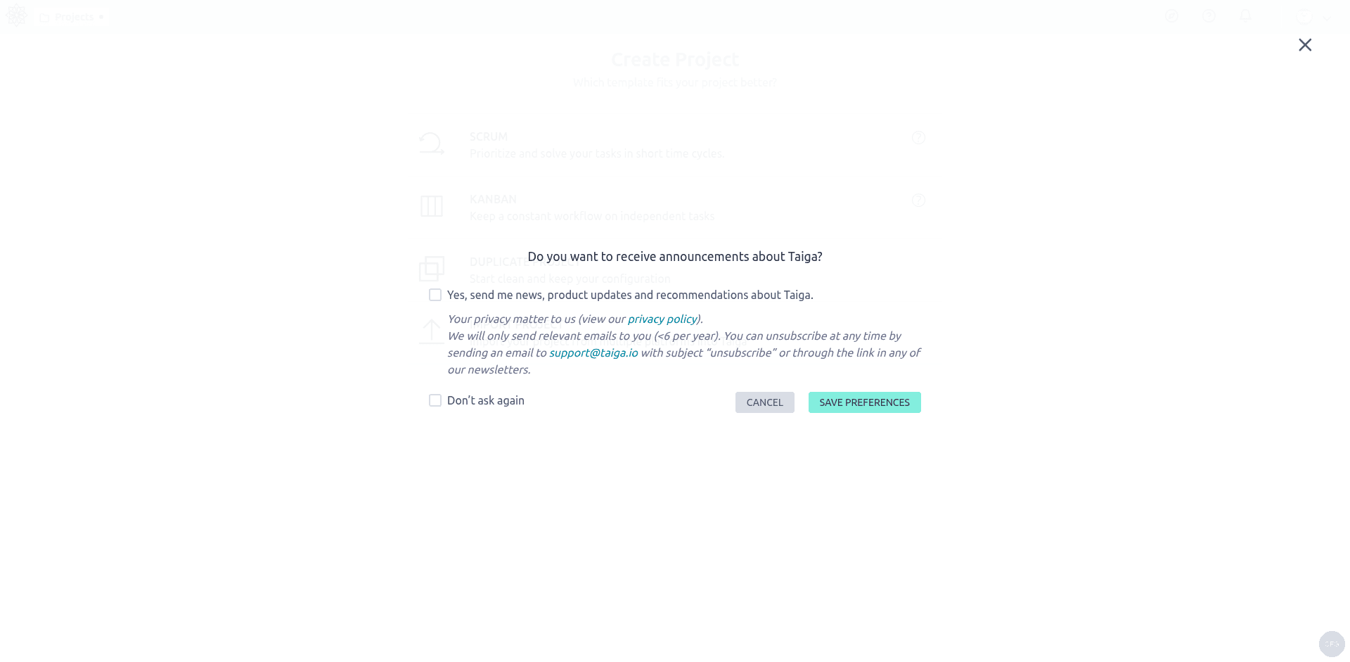 Taiga Create Project dialog with Scrum and Kanban template options
