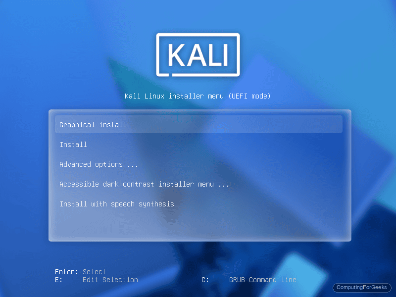 Kali Linux 2026.1 installer boot menu with Graphical install highlighted