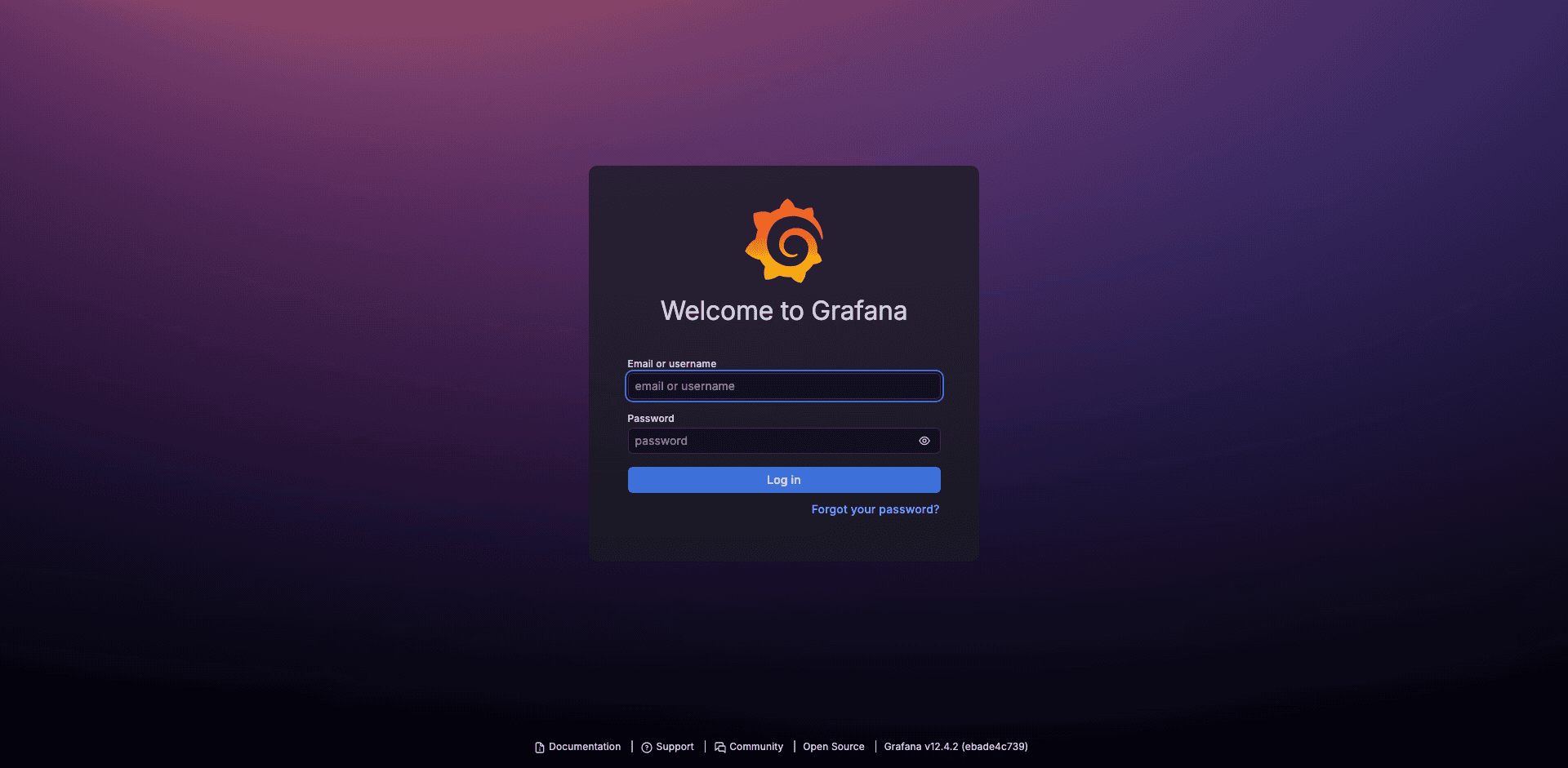Grafana login page showing the username and password fields for accessing the monitoring dashboard