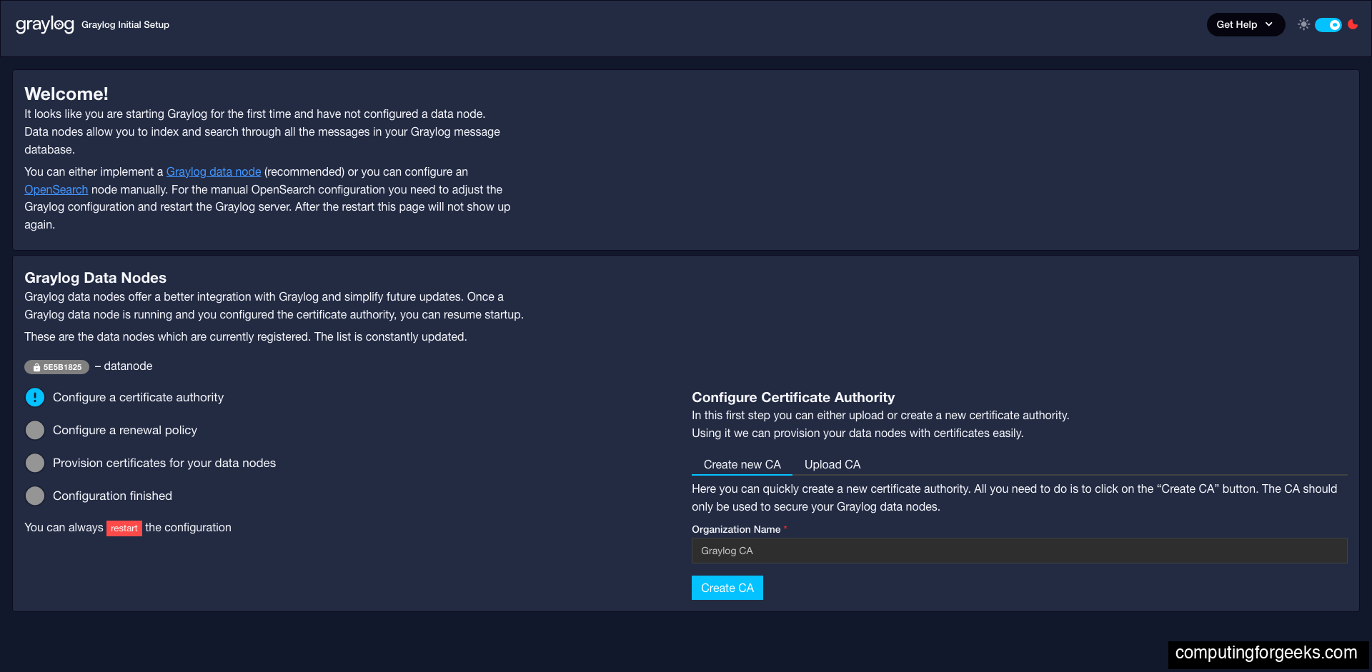 Graylog 7 initial setup wizard running in Docker with Data Node registration and Certificate Authority configuration