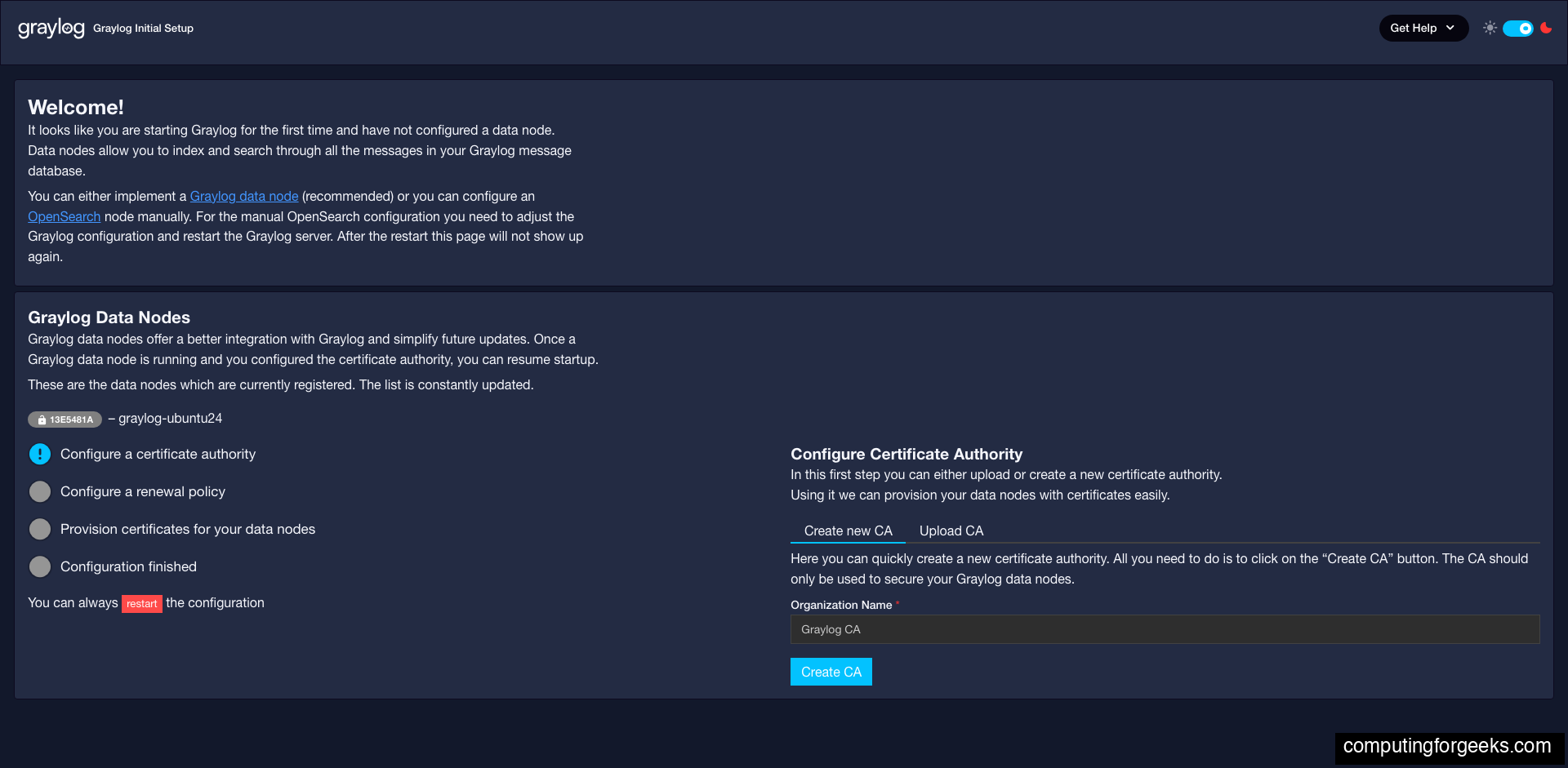 Graylog 7 initial setup wizard showing Data Node registration and Certificate Authority configuration