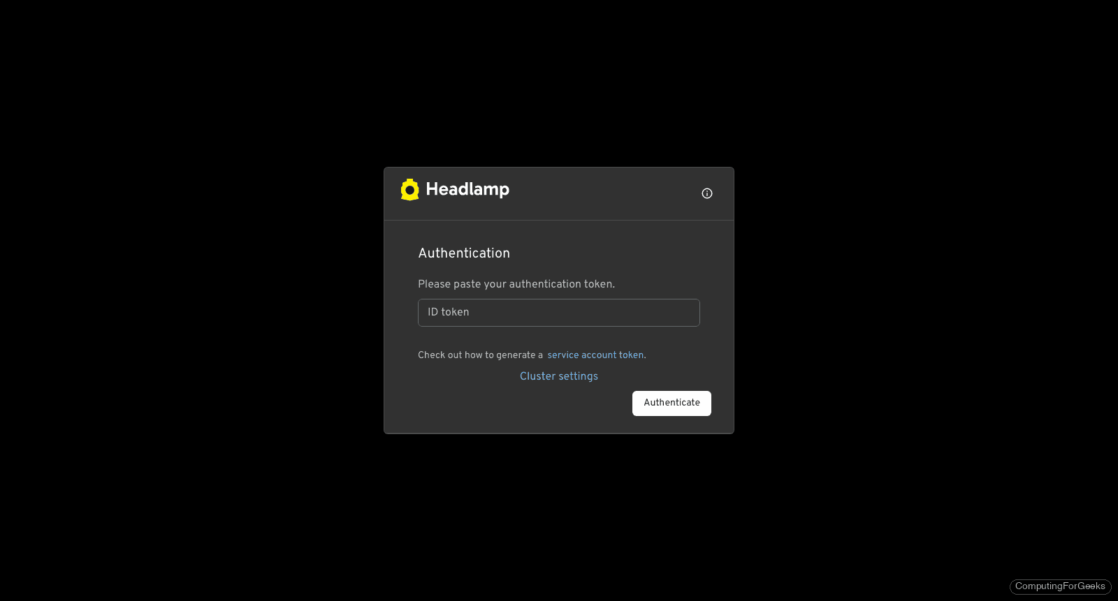 Headlamp Kubernetes dashboard login page with token input